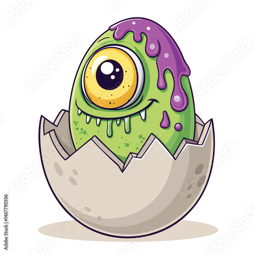 A gooey, one-eyed alien creature emerges from a cracked, green egg.  The scene is surreal and slightly humorous.