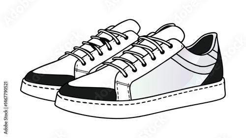 Illustration of two white and black sneakers with laces on a white background in a vector style created with generated ai