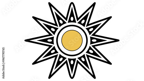 Illustration of a sun like star with a golden center and black and white rays design radiating outward created with generated ai