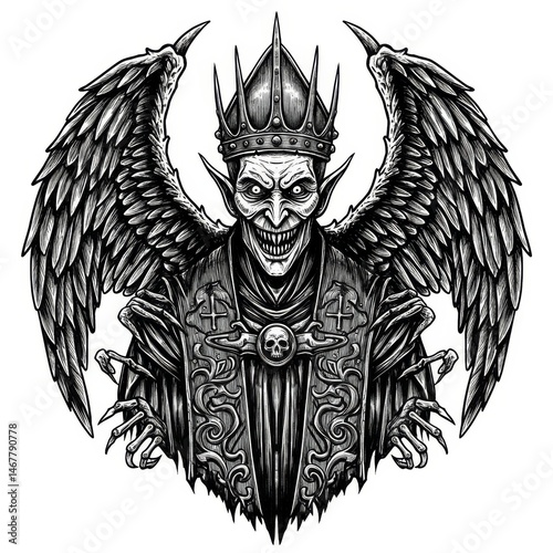 Monochrome illustration of a winged demonic figure wearing a crown and ornate robes