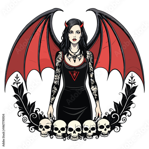 A gothic female demon, dark feathered wings outstretched, glowing eyes and intricate details, dramatic lighting, fantasy art.