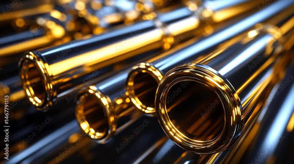 Naklejka premium Shiny new steel pipe with slick surface and bright metallic finish set against a dark background. Symbolizes strength, industry, precision, and modern engineering in a bold minimal composition.