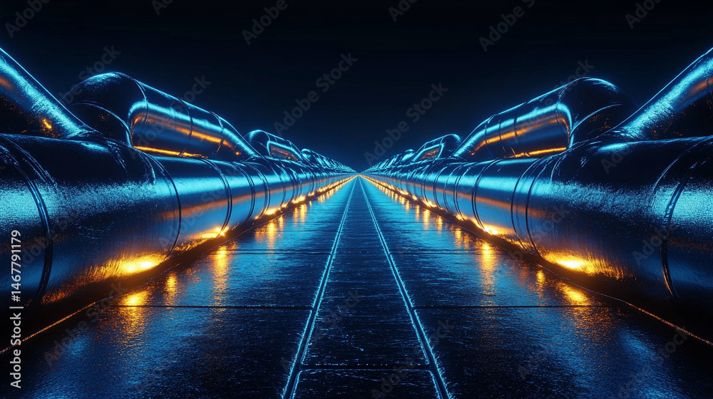 Shiny new steel pipe with slick surface and bright metallic finish set against a dark background. Symbolizes strength, industry, precision, and modern engineering in a bold minimal composition.