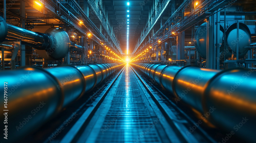 Shiny new steel pipe with slick surface and bright metallic finish set against a dark background. Symbolizes strength, industry, precision, and modern engineering in a bold minimal composition.