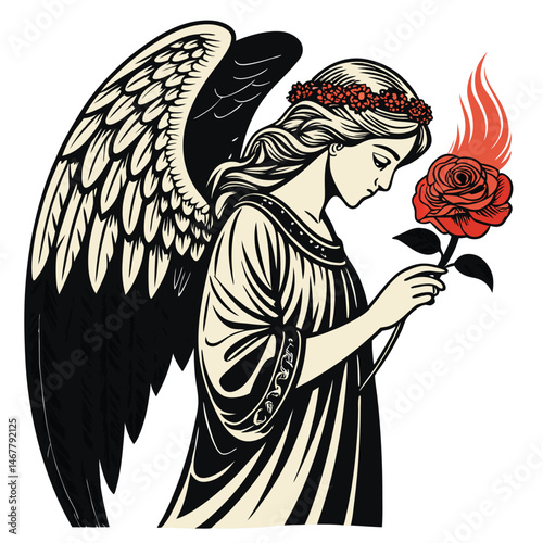 A gothic angel, dark wings outstretched, delicately cradles a vibrant, burning red rose; intricate details, dramatic lighting.