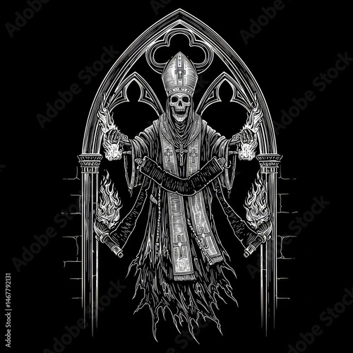 Grim Prelate: Macabre Figure in Gothic Archway, Embodying Mortal Authority photo