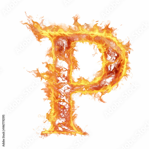 Bold Letter P Burning with Sharp Flame Texture on No Background