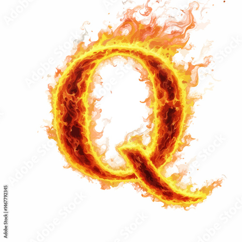 Dynamic Letter Q Engulfed in Vibrant Flames with Detailed Texture