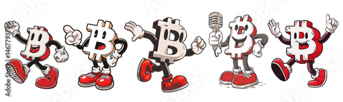 vintage retro style Bitcoin cartoon mascot character with expressive faces and gestures