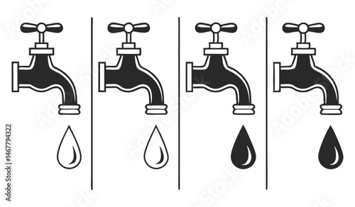 Monochrome Dripping Tap Graphic, Faucet with Water Drop Symbol Collection, On White Background
