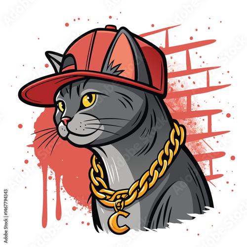 Create a vibrant graffiti-style illustration of a cool cat wearing a snapback and gold chain, showcasing bold colors and dripping paint effects.