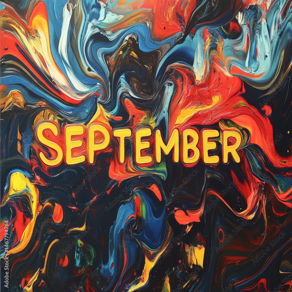Fototapeta premium September Dynamic September Abstract paint swirl forming SEPTEMBER bold fall palette dynamic typography Image
