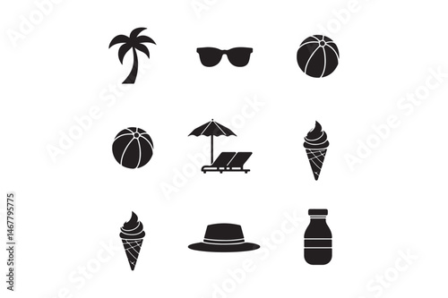Summer Vacation Icon Set Beach, Ice Cream, Sunglasses, and Travel Silhouettes
