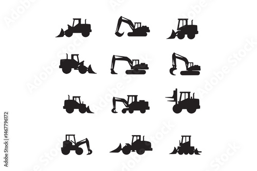Construction Vehicles Silhouette Icon Set Bulldozer, Excavator, Loader, Industrial Machines