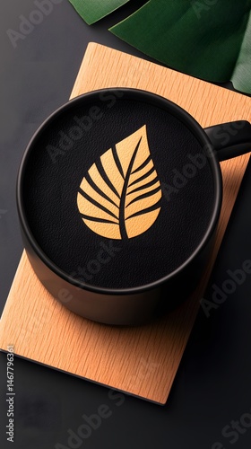 Overhead View of Black Mug with Gold Leaf Latte Art on Orange Coaster