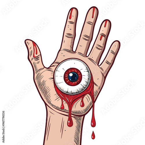 A bloody hand cradles a human eyeball in its palm; visceral detail, dark, macabre, dripping blood.