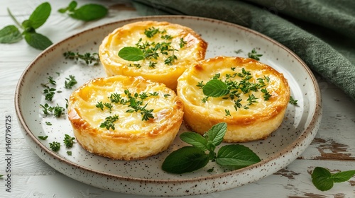 Golden crusted mini quiches adorned with fresh herbs served on neutral toned plate Ready to be enjoyed!