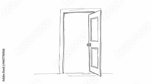 Hand-drawn sketch, open door, rough lines, textured pencil strokes, white background, sharp subject focus, soft blurred bokeh background.jpg