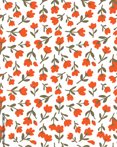 seamless floral pattern , hand-drawn pink tulip-like flowers with dark green stems and leaves. The flowers should be evenly
