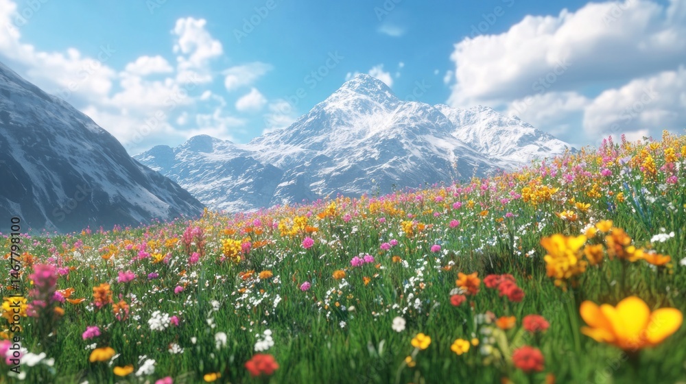Fototapeta premium Vibrant meadow of wildflowers with snow-capped mountains under a sunny sky