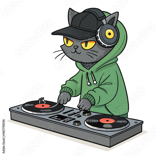A cool, hip-hop cat DJ skillfully mixing vinyl records on professional turntables, wearing headphones, in a vibrant, urban setting.