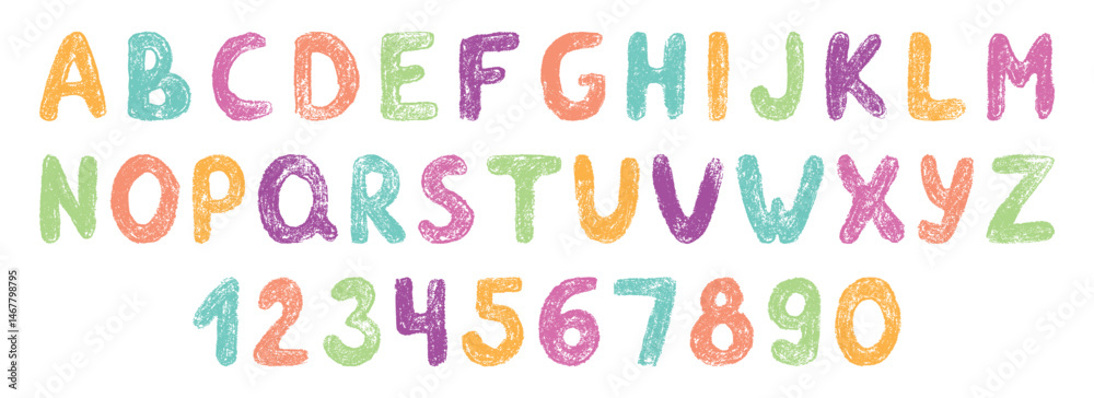 Crayon childish alphabet and numbers with pencil crayon texture. Hand drawn scribble letters and numbers in kids grunge style with crayon texture. Crayon childish alphabet and numbers with pencil crayon texture. Hand drawn scribble letters and numbers in kids grunge style with crayon texture.