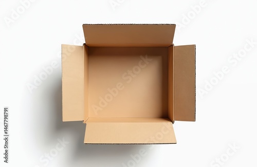 Top view open cardboard box isolated on white. Blank packaging, empty container for goods. Mockup template, business delivery, product transportation, mailing, logistics concept.