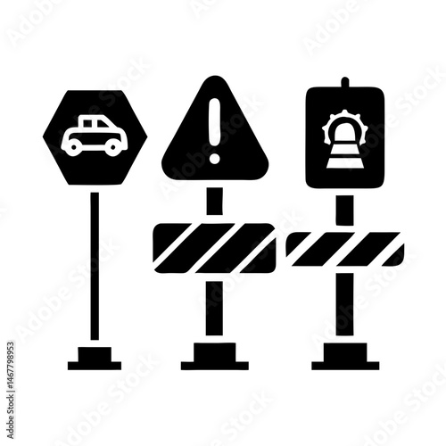 Vector Illustration of Roadwork Warning Signs.This black and white vector graphic depicts three roadwork warning signs.