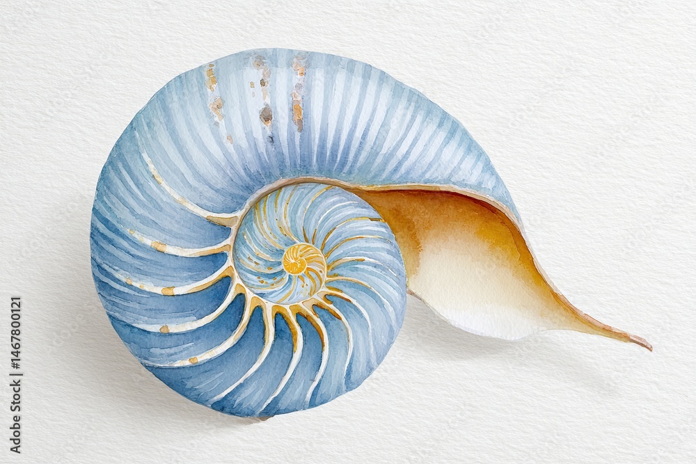 Obraz premium Watercolor illustration of a nautilus shell showcasing intricate spiral patterns and soft blue hues, emphasizing natural beauty and marine life in artistic representation