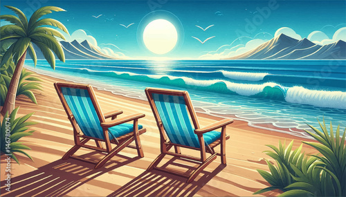 Sun loungers and a cocktail table on the beach with palm trees. Summer vacation at sunrise by the ocean . Colorful illustration. Vector graphics. EPS.
