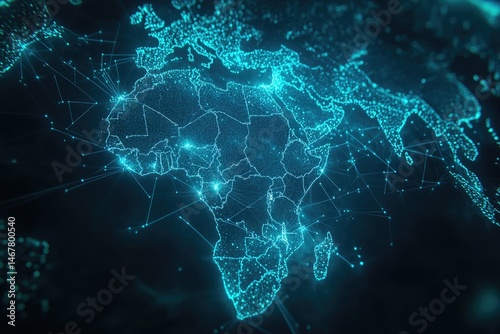 Global interconnectedness of Africa.  A detailed,  glowing, digital representation of the African continent overlaid on a global map, showing intricate connections.  