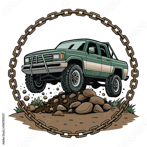 A powerful, lifted brown truck crushes dirt and stones, showcasing its off-road capabilities in a rugged landscape.