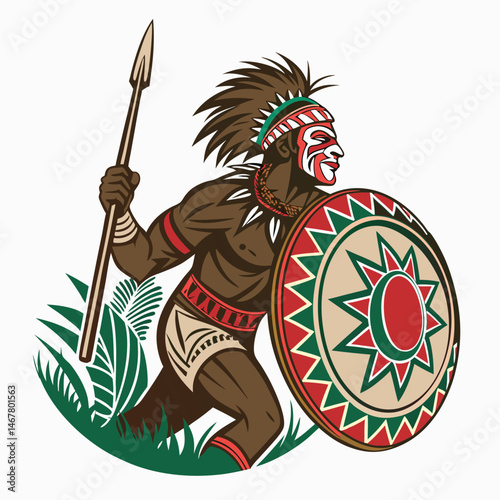 A fierce jungle warrior, adorned with vibrant war paint, grips a spherical object, possibly a skull or a mystical orb, within a dense, verdant jungle setting.