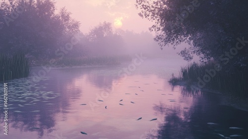 Serene lake scene with fish swimming in calm, misty water at sunrise