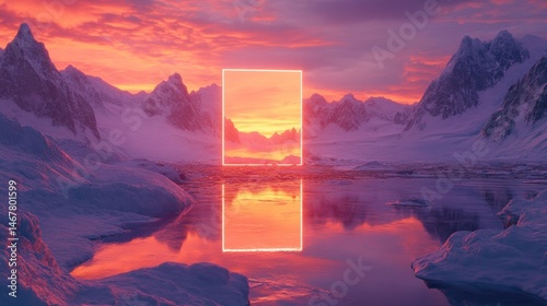 Mystical portal reflecting twilight in arctic landscape with snowy mountains