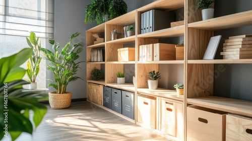 Organized workspace with wooden shelves, plants, and natural light