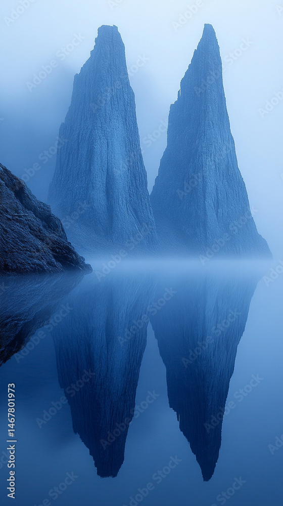 Twin monoliths rise above a misty lake under the night sky, their reflections shimmering in still water. Symbolizing duality, mystery, and the unknown in a surreal and dreamlike landscape.