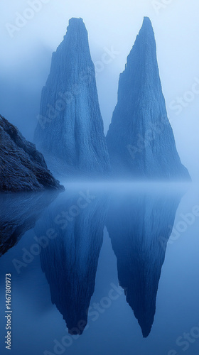 Obraz na płótnie Twin monoliths rise above a misty lake under the night sky, their reflections shimmering in still water. Symbolizing duality, mystery, and the unknown in a surreal and dreamlike landscape.
w salonie