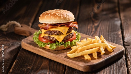 A mouthwatering triple cheeseburger with crispy bacon, fresh lettuce, juicys