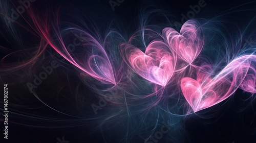 Abstract love, luminous heart shapes on a dark gradient backdrop