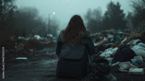 Lonely woman among garbage