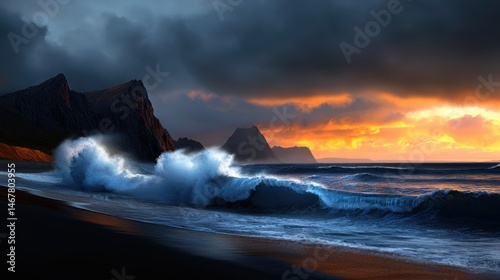 A large wave is crashing on a beach with a beautiful sunset in the background
