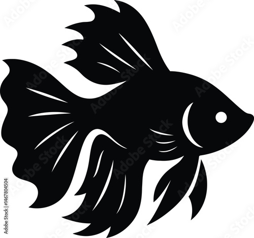 Elegant Black and White Betta Fish Silhouette, Classic Fish Vector Design