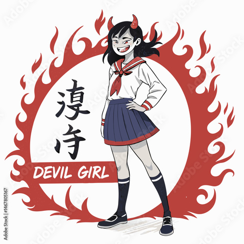 A cute manga-style devil girl in a pleated school uniform, horns slightly visible, mischievous grin, holding a single red rose.  High-quality detailed artwork, vibrant colors.
