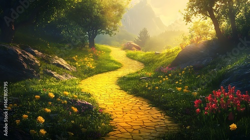Magical yellow brick road through a sunny green forest with bright flowers image