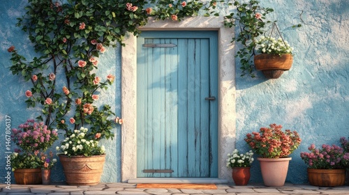 Charming Blue Door with Blooming Roses and Flower Pots on a Sunny Day