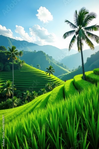 Wallpaper Mural Serene Balinese rice paddy, vibrant green terraces, swaying palms , vacation, Indonesia, shadow Torontodigital.ca