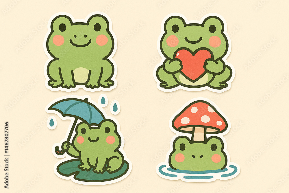 Fototapeta premium Cute Cartoon Frog Sticker Set with Heart, Umbrella, and Mushroom Elements 