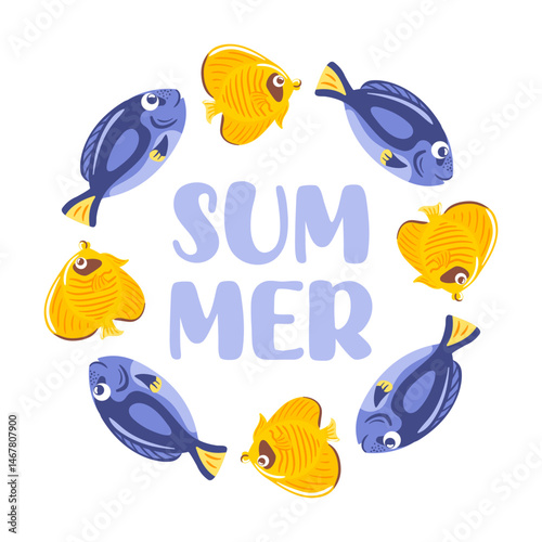 In this vibrant illustration, a circle of colorful fish playfully swims around the word Summer, creating a lively and energetic atmosphere. perfect for capturing the essence of summer fun.