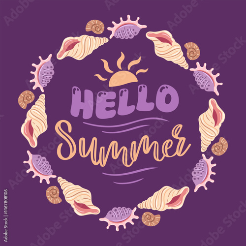 vector illustration features a playful lettered, Hello Summer, surrounded by a charming circular frame of seashells. The vibrant colors and coastal theme evoke a joyful, beachy atmosphere.